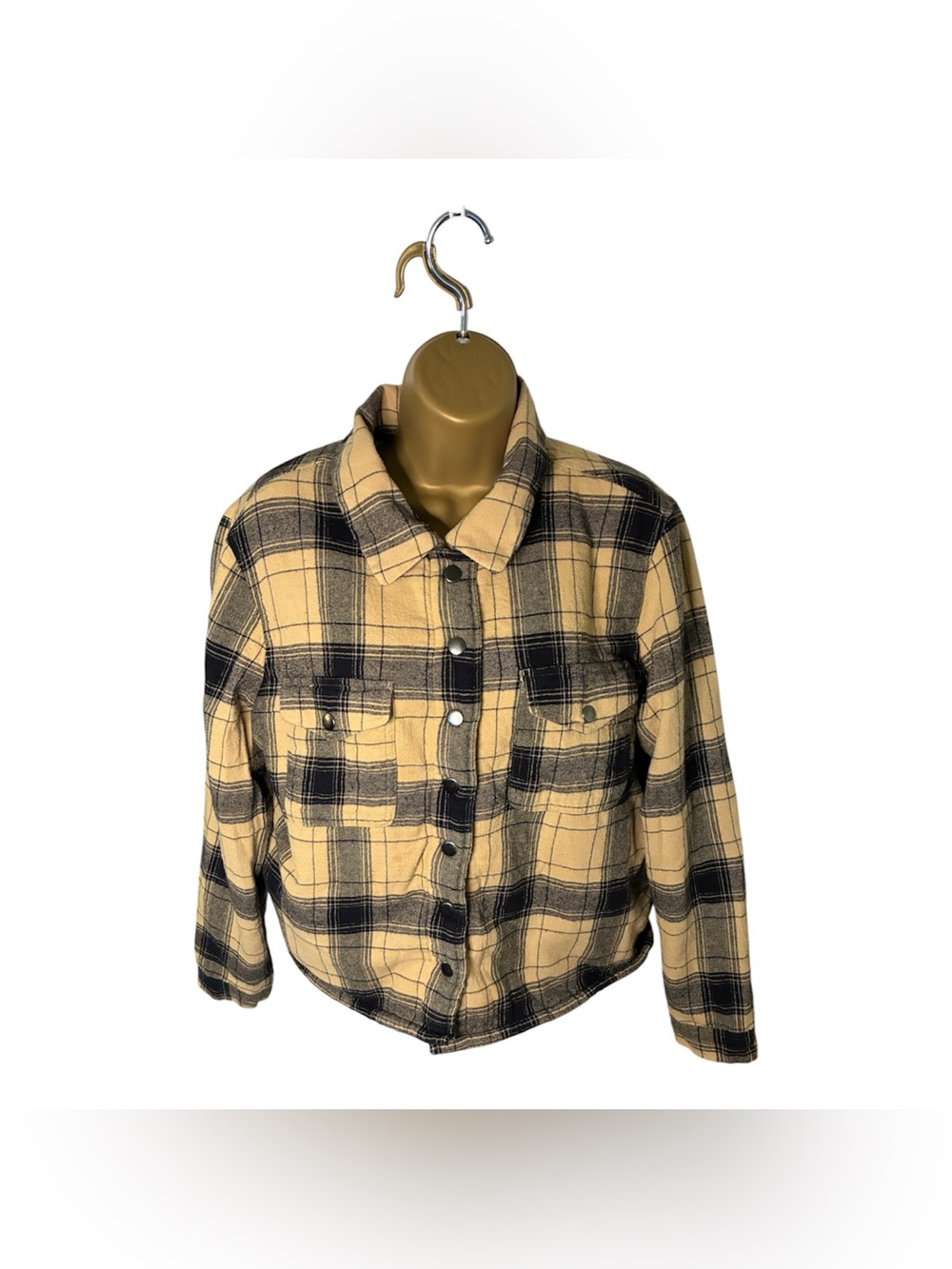 Lucky Brand Plaid Flannel Shacket Sherpa Lined Snap Front Tan Black Gray M